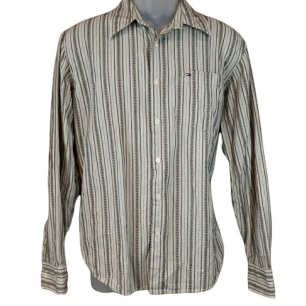 Tommy Hilfiger Retro Striped Button Down Shirt Large - White Vertical Cotton